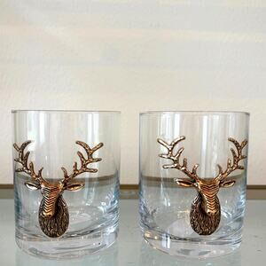 2 Brass Stag Deer Old Fashioned Whiskey Glasses 12oz. Holiday Cocktail New